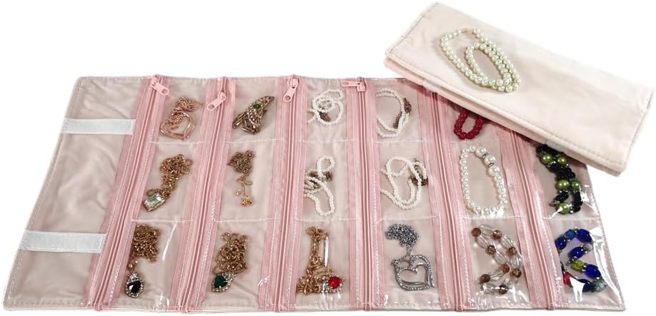 Travel Jewelry Roll Bag Portable Organizer Pouch With Grids&PVC Cover Storage Bags for Necklace, Bracelet, Bracelet,Ring, Badge, Pendant