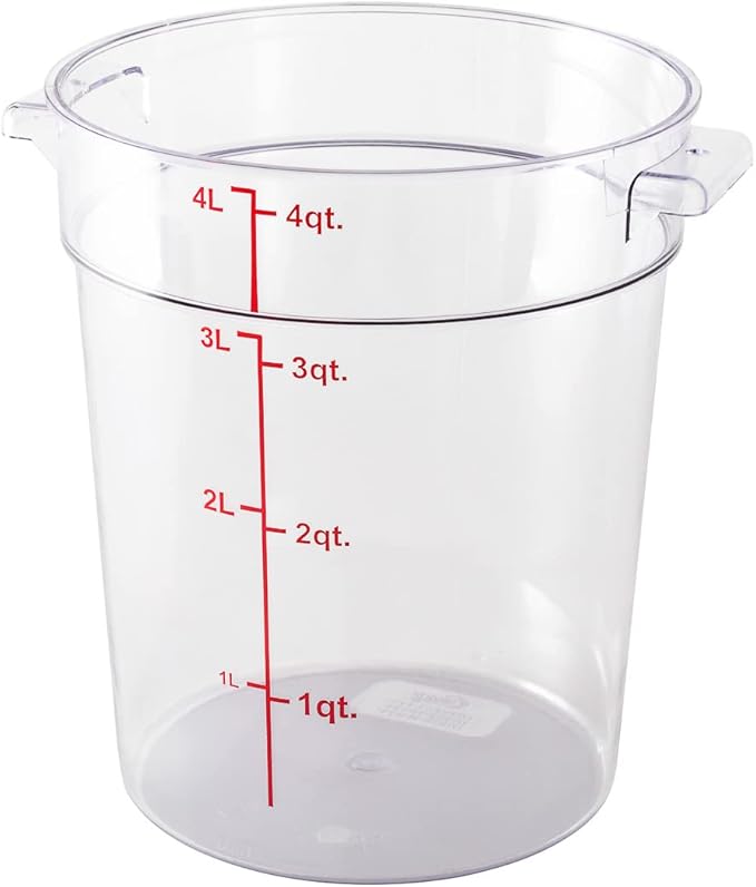 Restaurantware Met Lux 4 Quart Food Storage Containers 10 Round Commercial Storage Containers - Lids Sold Separately With Volume Markers Clear Plastic Food Prep Buckets Space-Saving Storage