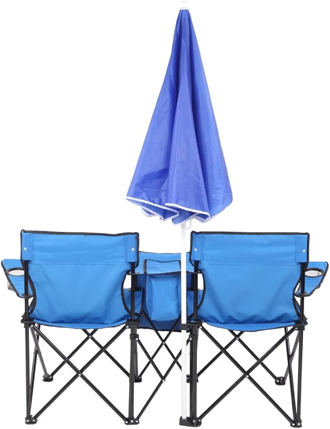 Double Folding Camping Chair W/Umbrella Fold Up Table Beverage Holder Carrying Bag Cooler for Patio Pool Park Outdoor Beach, Picnic, Portable (Blue)