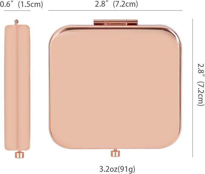 Small Compact Mirror, Rosegold Square 2.8”×2.8” Metal Frame Smooth Style Double Sided Mini Magnifying 1X/2X Mirror for Purse Can be Used as Gifts for Woman (RGMm02)