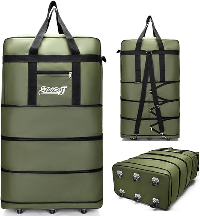 Expandable Extra Large Travel Oxford Duffel Bag with Wheels Waterproof Lightweight Traveling Foldable Suitcase (Green, L - 6 wheels)