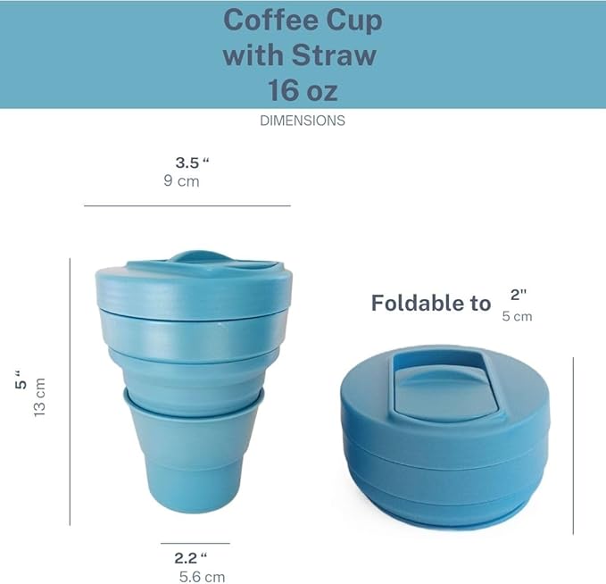 Collapsible Silicone Cup 12 oz – BPA Free Reusable Travel Cup with Lid & Straw – Foldable Pocket Size for Hot & Cold Drinks – Camping, Hiking, Office, Outdoor (Blue)