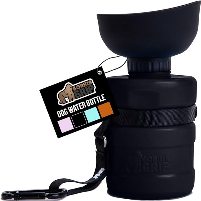 GORILLA GRIP Dog Water Bottle, Portable Water Bowl Dispenser for Dogs, 16 oz Leak Proof Pet Travel Squeeze Bottles Food Grade Silicone, Stocking Gifts for Pets to Go Puppy Essentials, Black