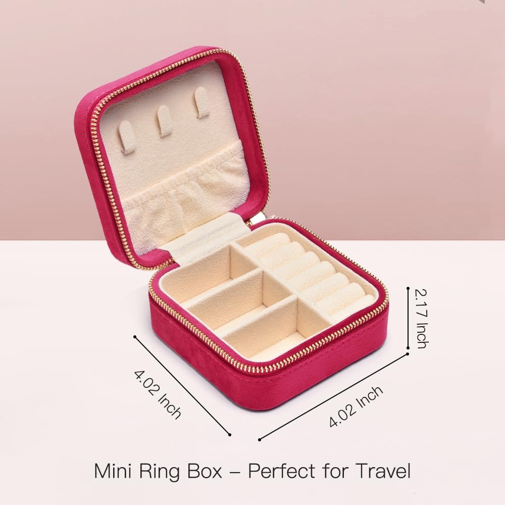Travel Jewelry Case, Small Plush Velvet Jewelry Box for Women and Girls, Portable Jewelry holder organizer for Rings Earrings Necklaces Bracelets(Magenta)