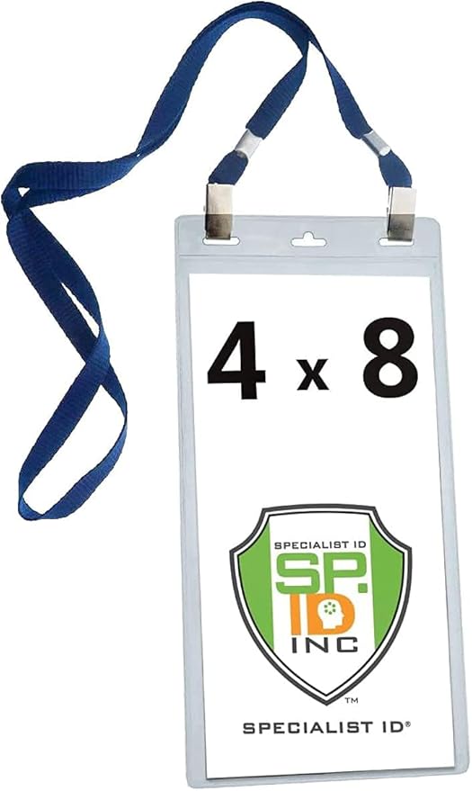 Bulk 25 Pack - 4 x 8 Inch Extra Large Ticket & Event Credential Badge Holders with Double Sided Lanyards with Two Bulldog Clips, by Specialist ID (Navy)