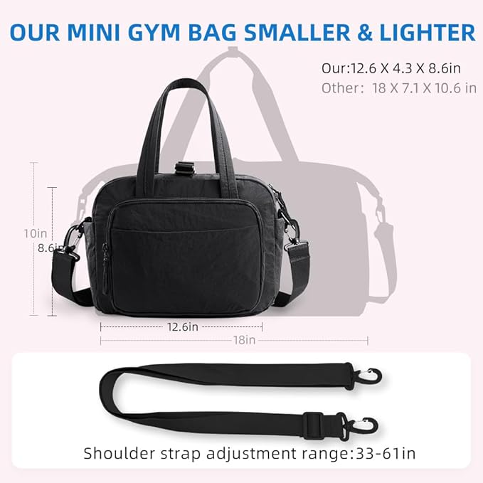mini gym bag for women, travel duffel bag with wet pockets and Shoe Compartment,Lightweight carry on weekender duffel, water resistant,for sports,yoga,dance,black