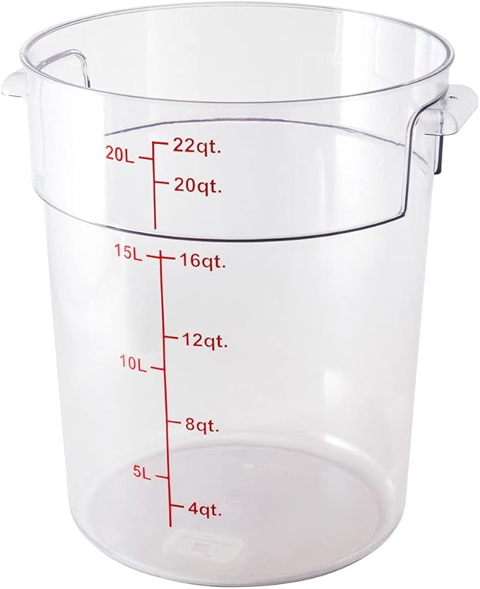 Restaurantware Met Lux 22 Quart Food Storage Container, 1 Round Commercial Storage Container - Lid Sold Separately, With Volume Markers, Clear Plastic Food Prep Bucket, Space-Saving Storage