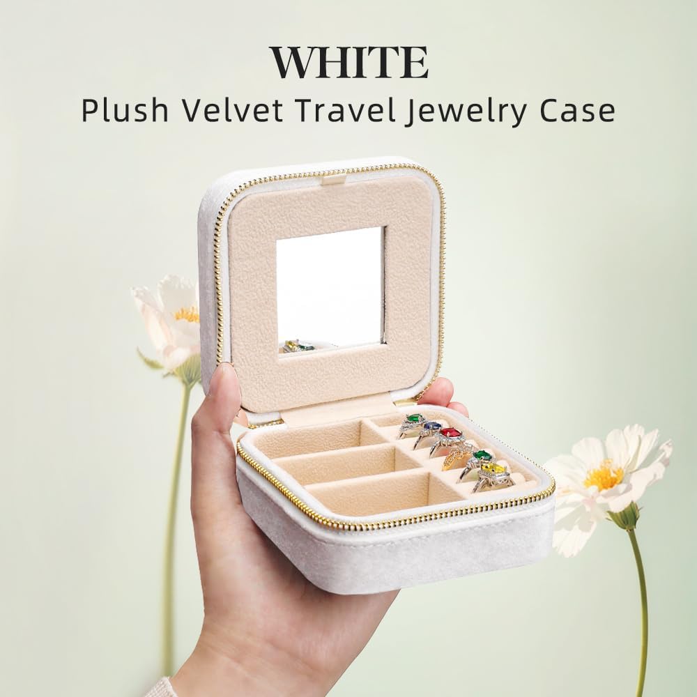 TAIMY Travel Jewelry Case,Small Plush Velvet Travel Jewelry organizer,Portable Mini Travel Jewelry Boxes for Rings Earrings Necklaces Bracelets(White,with Mirror)