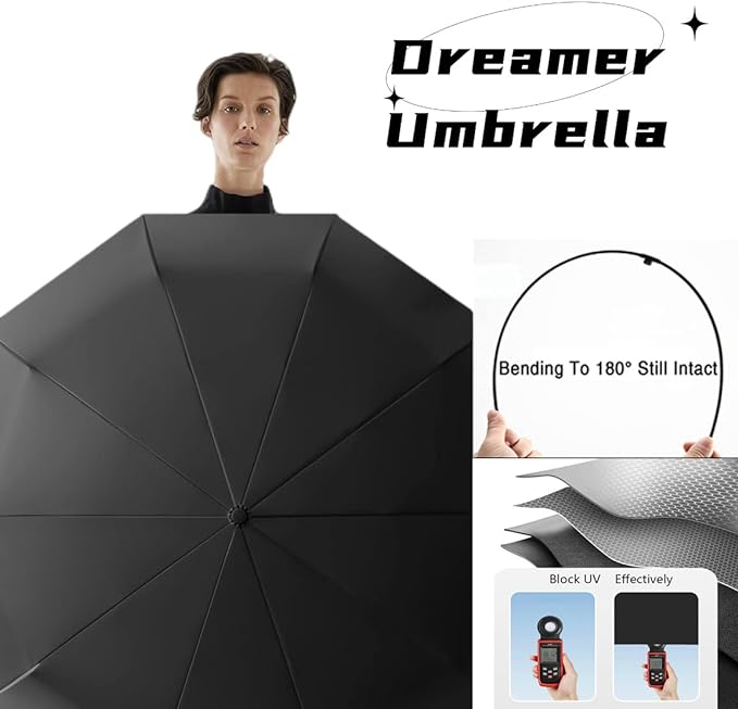 Travel Folding Golf Umbrella 10 Ribs Automatic Open/Close,Lightweight Compact Portable Backpack Car Parasol Outdoor,Sun/Rain,Anti 99 UV Protection UPF 50,Men Women Carabiner Handle Design