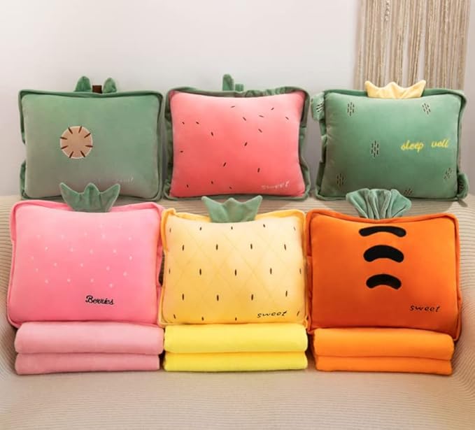 Rikyo 15" Stuffed Fruit Travel Blanket and Pillow Set,3 in 1 Plush Stuffed Hugging Pillow with Warming Hands Pillow Blanket for Kids Gift Travel Airplane Train Bed Office Nap (Cactus - Green)