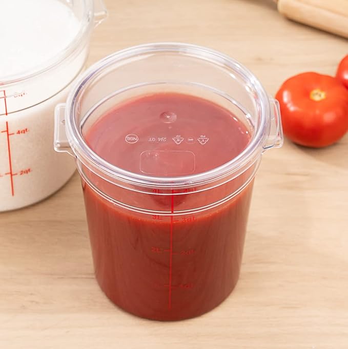 Restaurantware Met Lux 4 Quart Food Storage Containers 10 Round Commercial Storage Containers - Lids Sold Separately With Volume Markers Clear Plastic Food Prep Buckets Space-Saving Storage