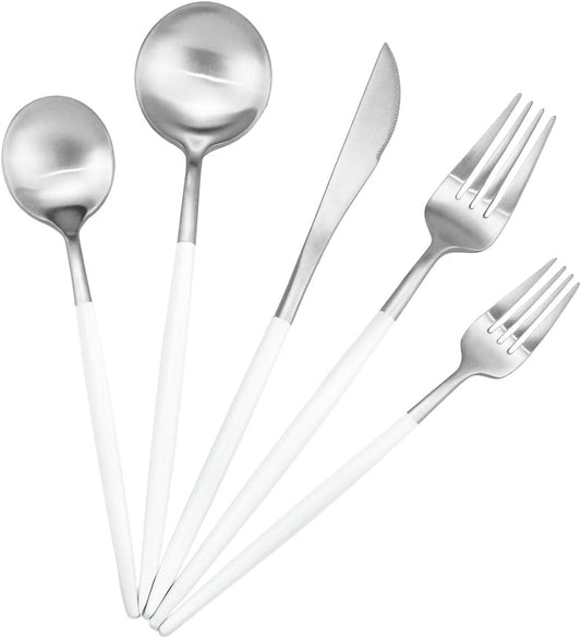 Gugrida 5-Piece Matte Silver Stainless Steel Satin Finish Flatware Set - Dishwasher Safe, Perfect for Camping, Office Lunch or Home Use