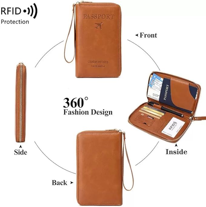 Multi-Functional RFID Passport Wallet,Travel Wallet for Men & Women,With zipper, anti-theft passport holder，Slim Leather Cover for Credit Cards, Tickets, Cash (Sky blue)