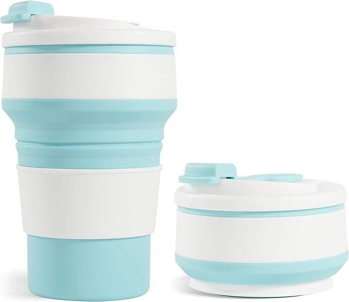 12oz Collapsible Cup for Traveling, Collapsible Silicone Travel Cup for Hot and Cold Drinks, Leak Proof Silicone Folding Travel Coffee Mug for Camping & Hiking, BPA Free Blue