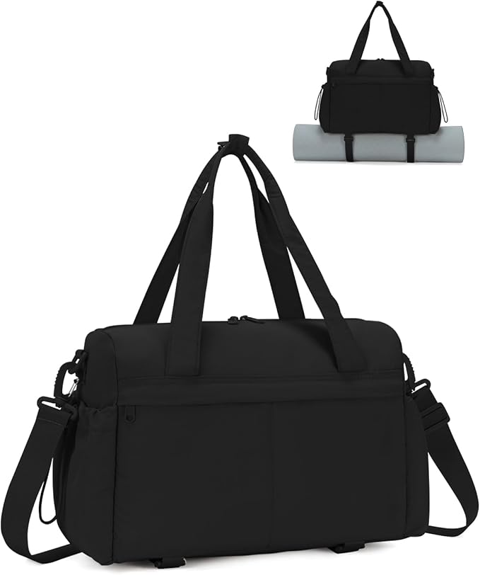 Small Gym Bag, Mini Gym Bag for Women with Yoga Mat Holder and Wet Compartment, Cute Mini Puffer Duffle Bag with Water Bottle Pocket for Workout Yoga Dance, Puffer Black