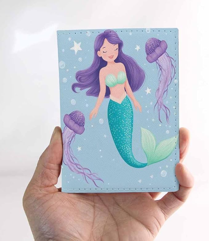 Mermaid Passport Holder for Travel Jellyfish Bubble PU Leather Passport Cover Wallet Cute Passport Card Holder for Women and Men