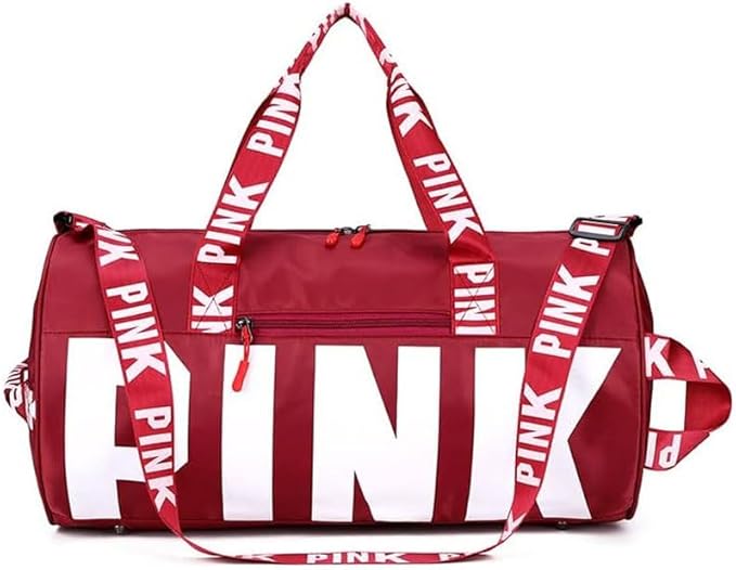 Sports Gym Bag Large Capacity Travel Duffel Bag Sport Shoes Bag with Wet Pocket Compartment for Men and Women Lightweight Multiple Colors PINK Logo (RED)