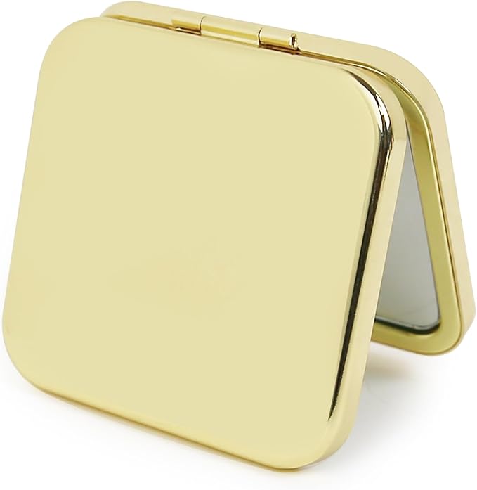 Small Compact Mirror, Gold Square 2.8”×2.8” Metal Frame Smooth Style Double Sided Mini Magnifying 1X/2X Mirror for Purse Can be Used as Gifts for Woman (Gd01)