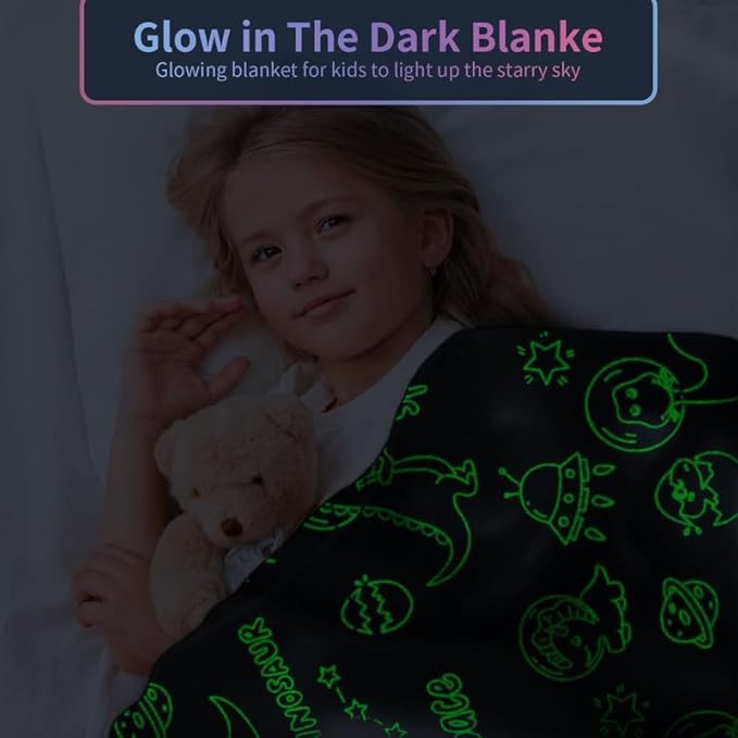 Personalized Dinosaur Blanket for Boys - Glow in The Dark, Soft Fleece Throw for Kids, Toddlers - Birthday Gift, 30"x 40"