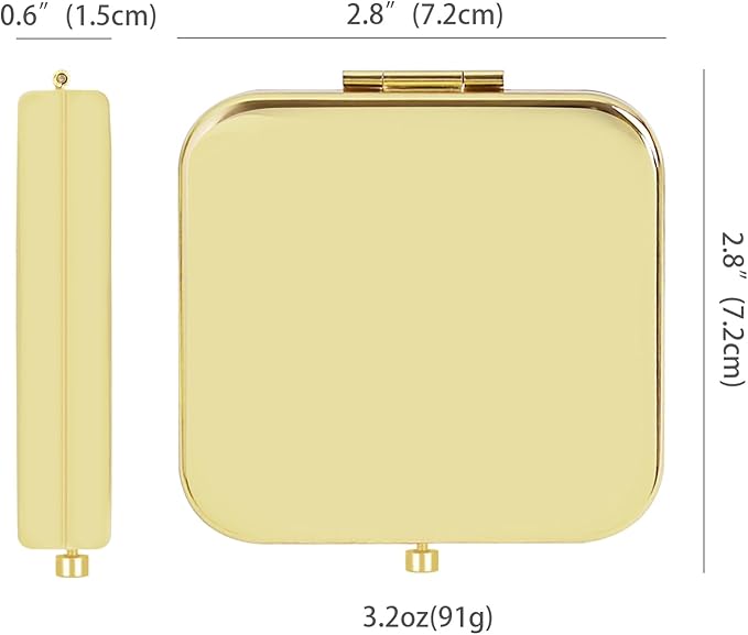 Small Compact Mirror, Gold Square 2.8”×2.8” Metal Frame Smooth Style Double Sided Mini Magnifying 1X/2X Mirror for Purse Can be Used as Gifts for Woman (Gd01)
