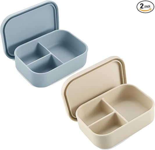 PandaEar 2 Pack Silicone Bento Lunch Box for Toddlers Kids, 3-Compartment Lunch Containers, Leak-Proof & BPA-Free, Microwave & Dishwasher Safe (Blue & Beige)