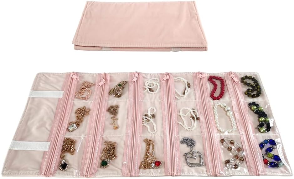 Travel Jewelry Roll Bag Portable Organizer Pouch With Grids&PVC Cover Storage Bags for Necklace, Bracelet, Bracelet,Ring, Badge, Pendant