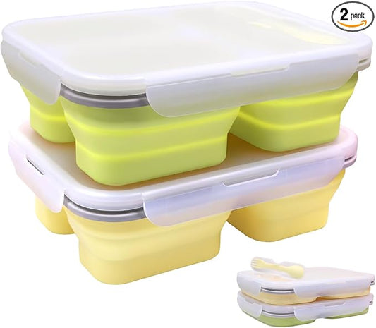 2 Pack Big Collapsible Silicone Bento Lunch Boxes With Lids spoons forks,3 Compartments, Divided Lunch Food Storage Containers, Safe in Microwave, Dishwasher and Freezer, 45.6oz (Yellow+Green)