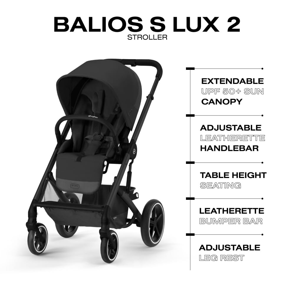 Cybex Balios S Lux Toddler and Baby Stroller with Reversible Seat, Unique One-Pull Harness, and Multiple Recline - Travel System Ready, with One Hand Fold, Black Frame/Moon Black Seat