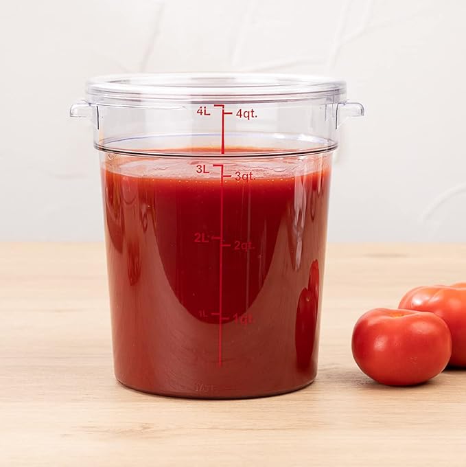 Met Lux 4 Quart Food Storage Container, 1 Round Commercial Storage Container - Lid Sold Separately, With Volume Markers, Clear Plastic Food Prep Bucket, Space-Saving Storage