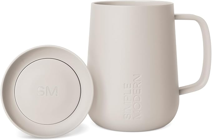 Simple Modern Voyager Signature Mug | Travel Coffee Tumbler with 360° Lid and Handle | Ceramic-Lined Insulated Stainless Steel Iced Cold Brew Cup | 12oz, Almond Birch