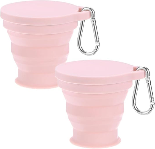2 Pack Collapsible Travel Cup, 6oz(180ml) Silicone Portable Foldable Water Cup Bottle with Spring Buckle for Travel/Camping/Hiking, Reusable [Pink]