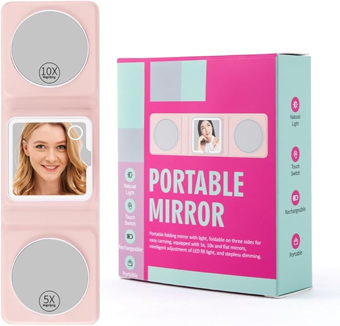 Rechargeable Trifold Makeup Mirror with Lights, 1X 5X 10X Magnification, Portable LED Lighted Compact Mirror with 3 Magnetic Zoom Mirrors for Travel & Vanity (Pink)