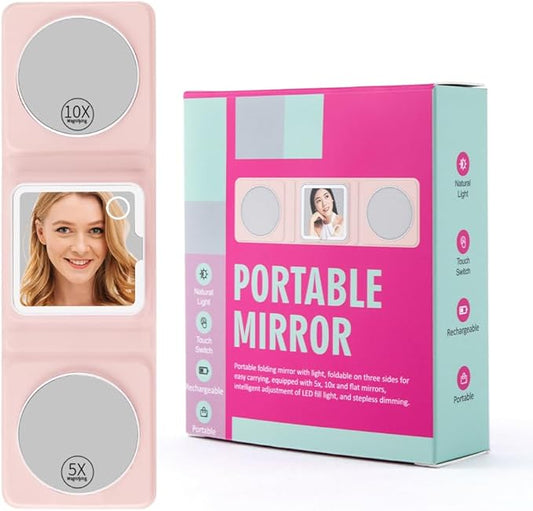 Rechargeable Trifold Makeup Mirror with Lights, 1X 5X 10X Magnification, Portable LED Lighted Compact Mirror with 3 Magnetic Zoom Mirrors for Travel & Vanity (Pink)