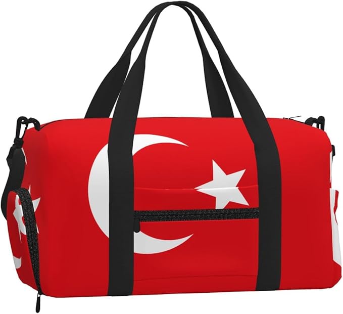 Flag of Turkey Print Gym Bag with Shoe Compartment for Women Men, 17.7in Sports Duffle Weekender Tote, Overnight Travel Duffel Bag Carry On