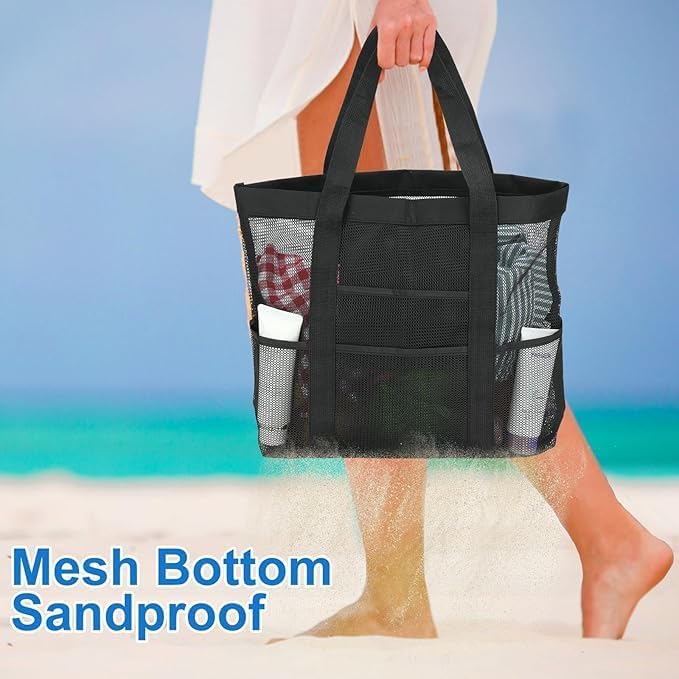 Large Mesh Beach Bag, Beach Tote Bags with 9 Pocket for Family
