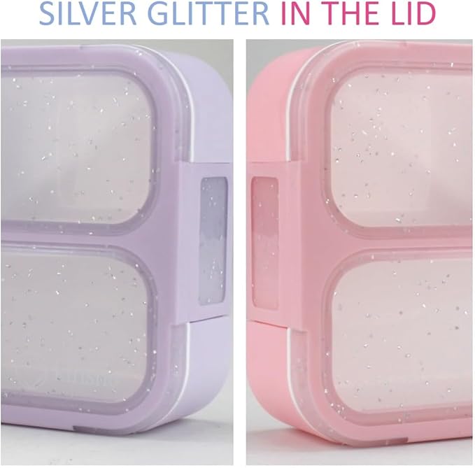 Kids Glitter Snack Container - Mini Bento Lunch-Box, Small Leakproof Container Boxes for Toddlers Girls Snacks Lunches, 3 Compartment - School Daycare Portion Containers, Pink Purple Sparkle Set of 2