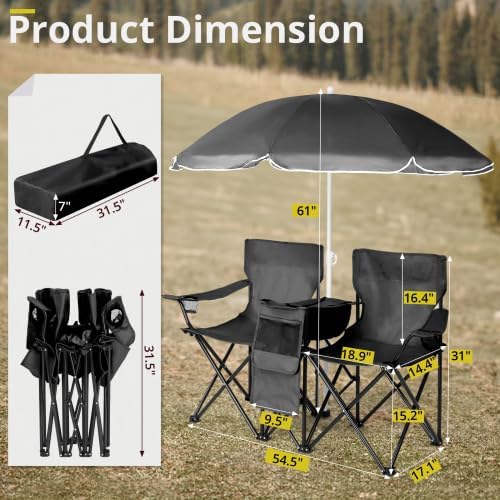 Camping Chairs, Folding Double Chair with Removable Umbrella, Cup Holders, Cooler Bag, Side Pocket & Carry Bag, for Beach, Outdoor, Sports, Concerts, Travel, Picnic
