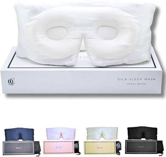 QUIET COVE Plush 3D Contoured Silk Sleep Mask - Total Blackout, 100% Silk 22 Momme, Foam Eye Cups Do Not Crush Eyelashes, Luxe Cloud Filling for Side Sleeping Comfort (Pearl White) Luxury Gift Box