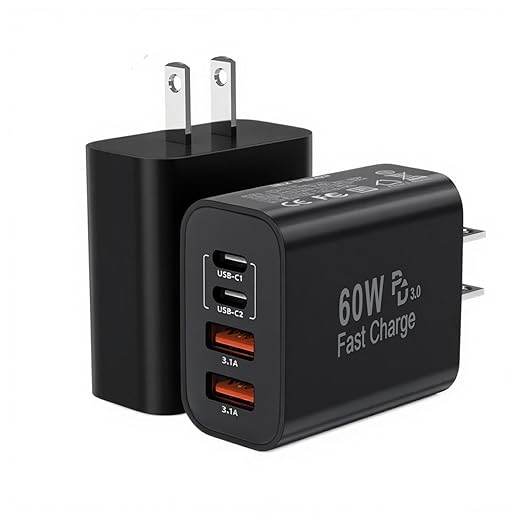 60W USB C Charger Block,2Pack 4-Port GaN USB C Charger Fast Charging Wall Plug Dual Type C+Dual USB-A Port,Multiport Power Adapter Cube for iPhone 17 Pro Max/16e/15/14/13/12/11,iPad Pro/Air/Mini-Black