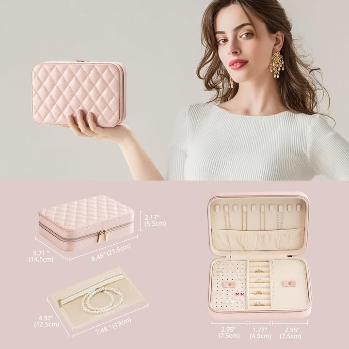 Lolalet Travel Jewelry Case for Women Girls, Travel Jewelry Organizer Box with Mirror & Clear Storage Bag, Small Portable Earring Necklace Bracelet Ring Case, Birthday Christmas Gifts -Medium, Pink