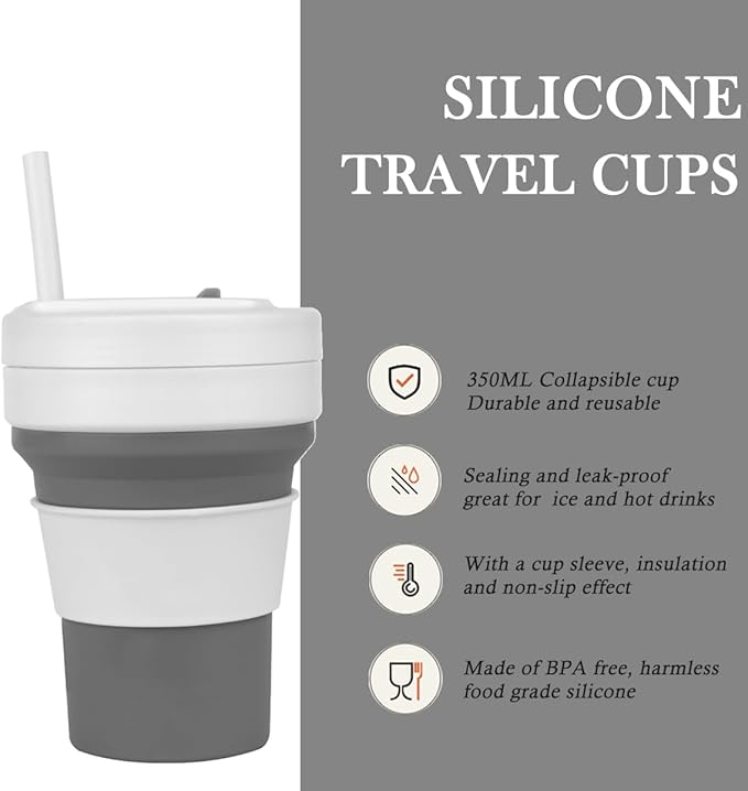 Collapsible Travel Cups- Food Grade Silicone Coffee Cups with Straw Lid 350ml 12oz Lightweight