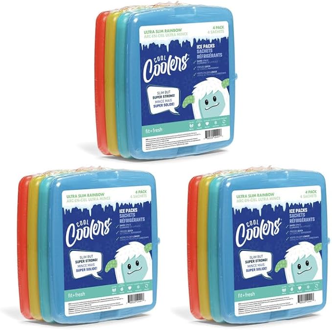 Cool Coolers by Fit & Fresh 4 Pack Slim Ice Packs, Quick Freeze Space Saving Reusable Ice Packs for Lunch Boxes or Coolers, Multi Colored, 3 Packs of 4