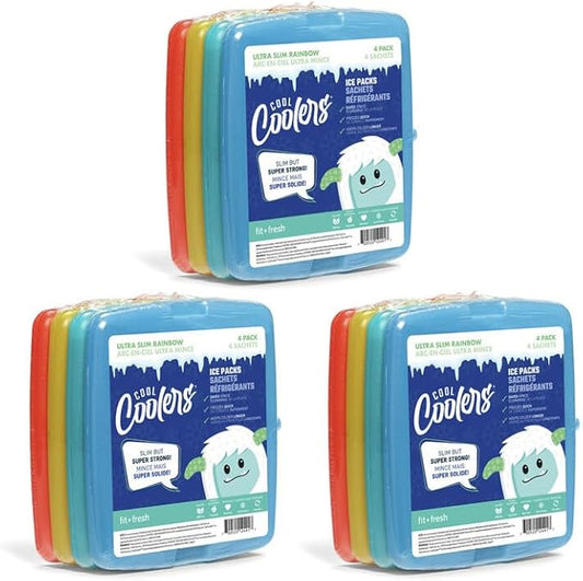 Cool Coolers by Fit & Fresh 4 Pack Slim Ice Packs, Quick Freeze Space Saving Reusable Ice Packs for Lunch Boxes or Coolers, Multi Colored, 3 Packs of 4