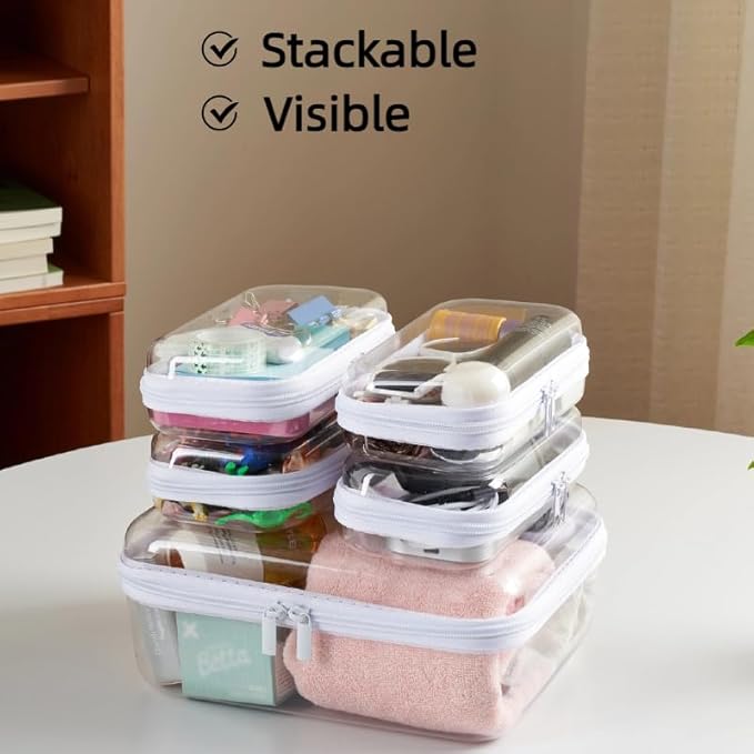 5 pcs Zipper Pouches with Handle, Clear Hard Shell Toiletry Bags, Stackable Travel Organizer, Cosmetic Bags, Transparent Diaper Bag Storage Cases (Handle L+4S)