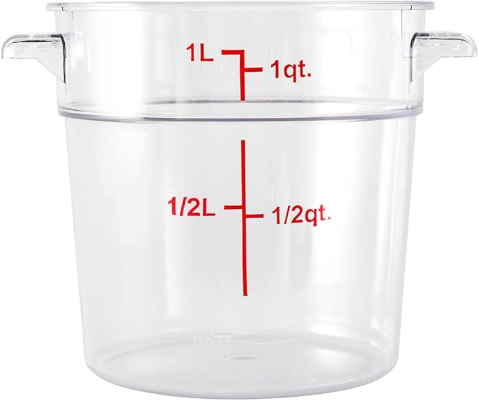 Restaurantware Met Lux 1 Quart Food Storage Containers 10 Round Commercial Storage Containers - Lids Sold Separately With Volume Markers Clear Plastic Food Prep Buckets Space-Saving Storage