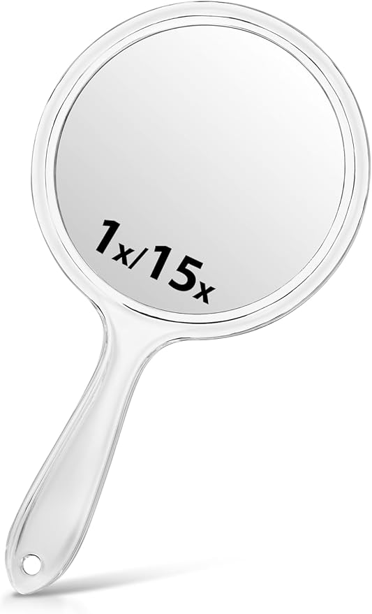 Hand Mirror, Double-Sided 1X/15X Magnifying Mirror with Handle, Acrylic, 8.3" L x 4.5" W, Clear, Pack of 1