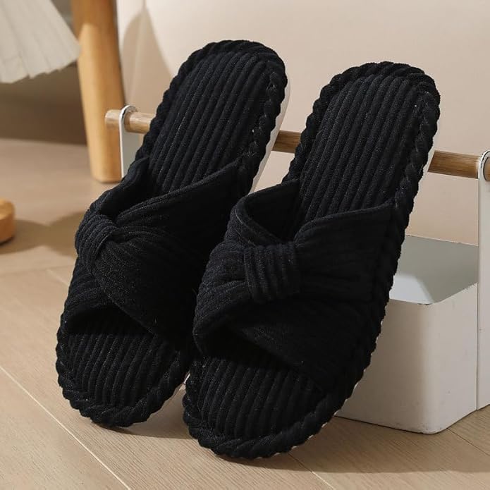 House Slippers for Women Corduroy Cross Bow Indoor Slippers Open Toe Slip On Bedroom Shoes with Memory Foam