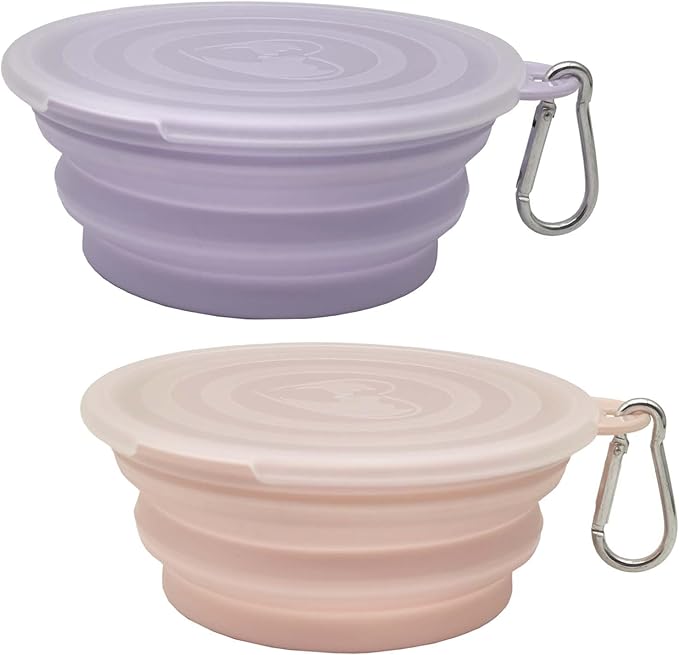 Small Collapsible Dog Bowl 12oz,2 Pack Portable and Foldable Pet Travel Bowls with 2 Carabiners & Lids for Dogs Cats and Small Animals (Macaron Purple+Pink, 350ml)