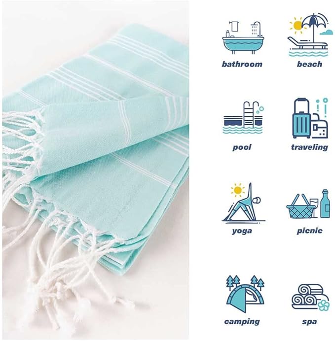 Hencely Turkish Beach Towel 37x68 Oversized, Sand-Free, Quick-Dry, Lightweight - Travel Essential for Pool & Bath - Striped 100% Cotton Bathroom Towels Accessories Gift (Aqua)