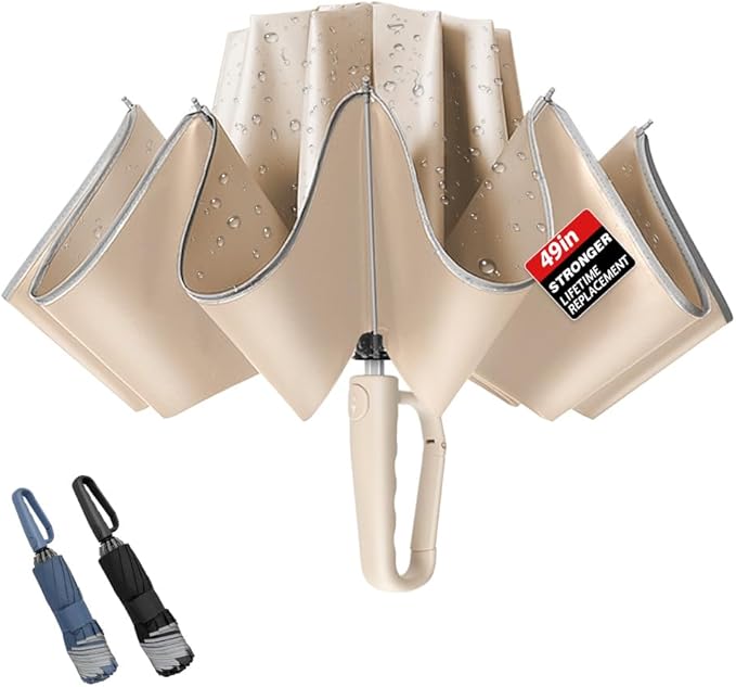 TOPSAIL 10 Ribs Inverted Umbrella with Carabiner Handle, Large Sturdy Folding Umbrellas Windproof for Rain & Sun, 49" Big Reverse Foldadble Umbrella for Travel Portable with Safe Reflective Strip, for Women Men